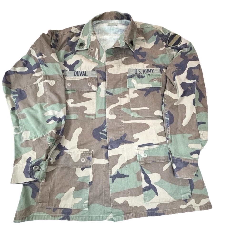 Vintage‎ 90s Us Army Bdu Combat Coat Men’s Large Woodland Camo Forscom Patch